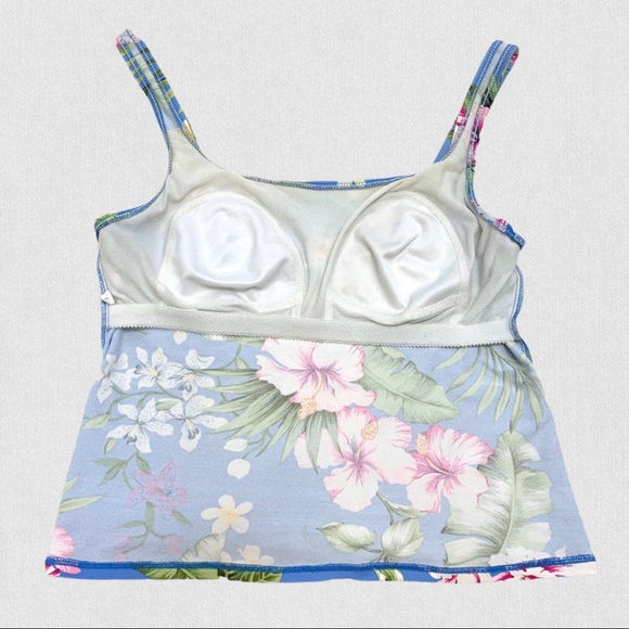 VINTAGE | 1980’s Blue Tropical Paradise Hibiscus Florals Tankini Swimsuit Top - Picture 3 of 6